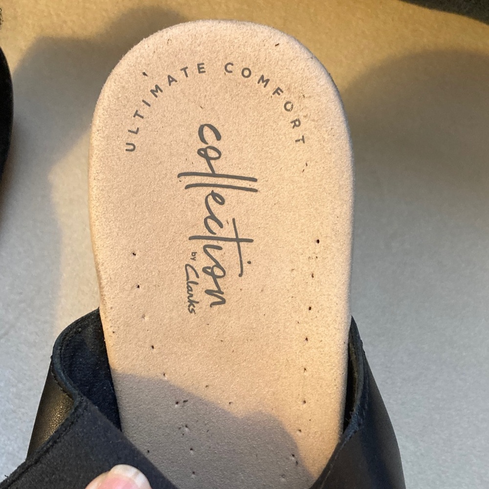 Clarks Black Leather Wedges with Tan Cork Heel - Picture 2 of 6